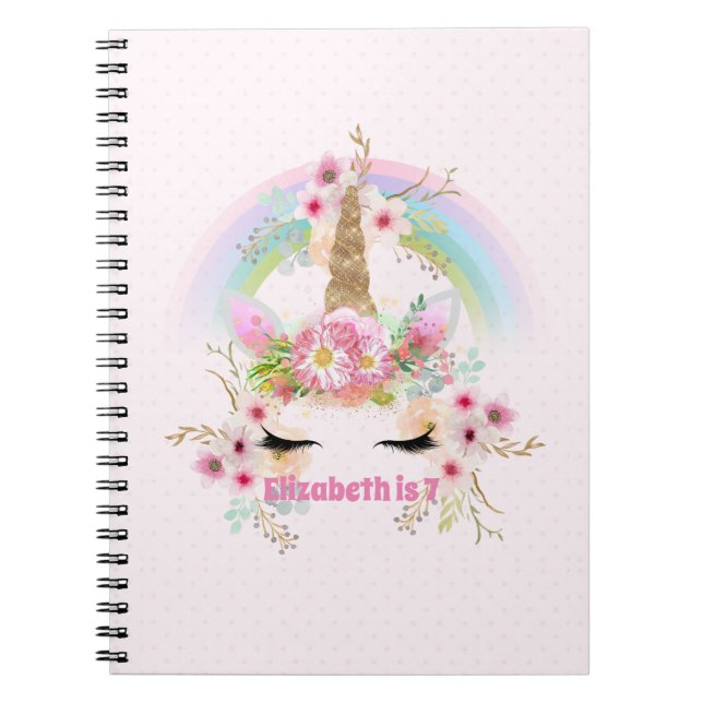 Pink Gold UNICORN Rainbow Flowers Girls NAMED Gift Notebook (Front)