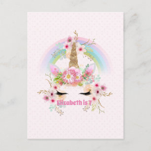 Pink Gold UNICORN Rainbow Flowers Girls NAMED Gift Postcard