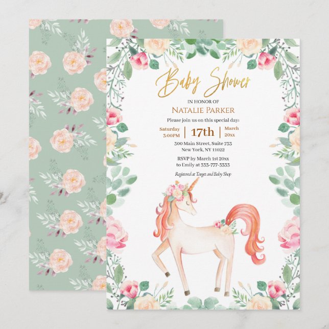 Pink Gold Unicorn Rose Floral Greenery Baby Shower Invitation (Front/Back)