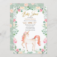 Pink Gold Unicorn Rose Floral Greenery Baby Shower