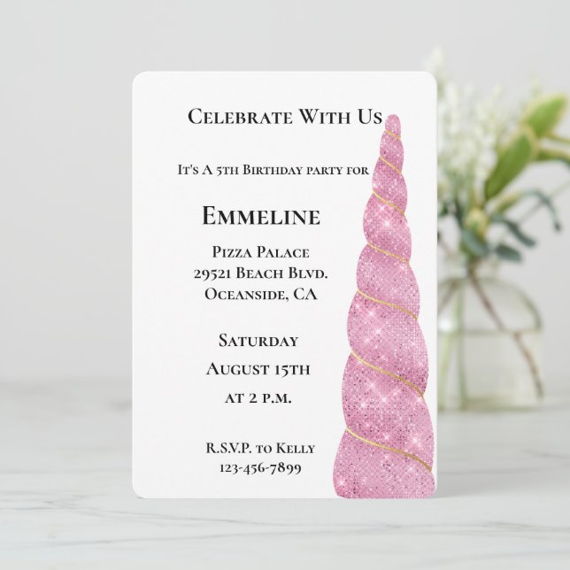 Pink Gold Unicorn White Birthday Invitation (Standing Front)