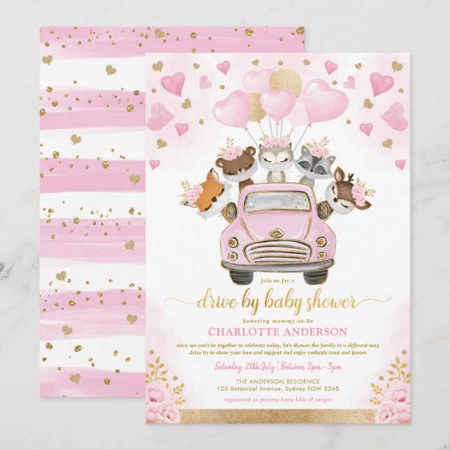 Pink Gold Valentines Woodland Drive By Baby Shower Invitation (Front/Back)