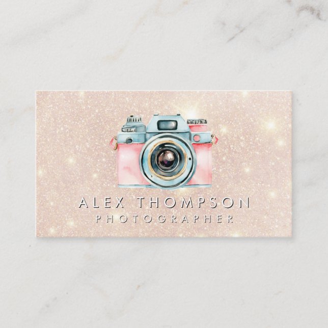 Pink Gold Vintage Camera Photographer Studio Business Card (Front)