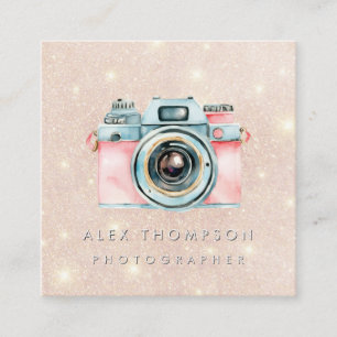 Pink Gold Vintage Camera Photographer Studio Square Business Card
