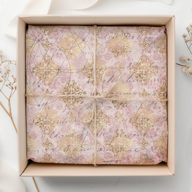 Pink Gold Vintage Damask Handwriting Decoupage Tissue Paper (Creator Uploaded)