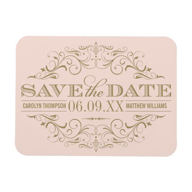 Pink Gold Vintage Scrollwork Save Date Magnet (Horizontal)