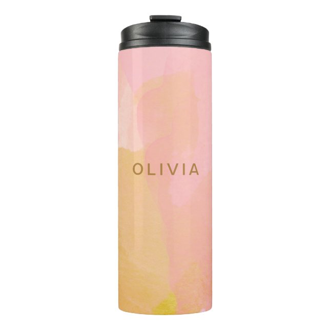 Pink Gold Watercolor Abstract Painting Custom Name Thermal Tumbler (Front)