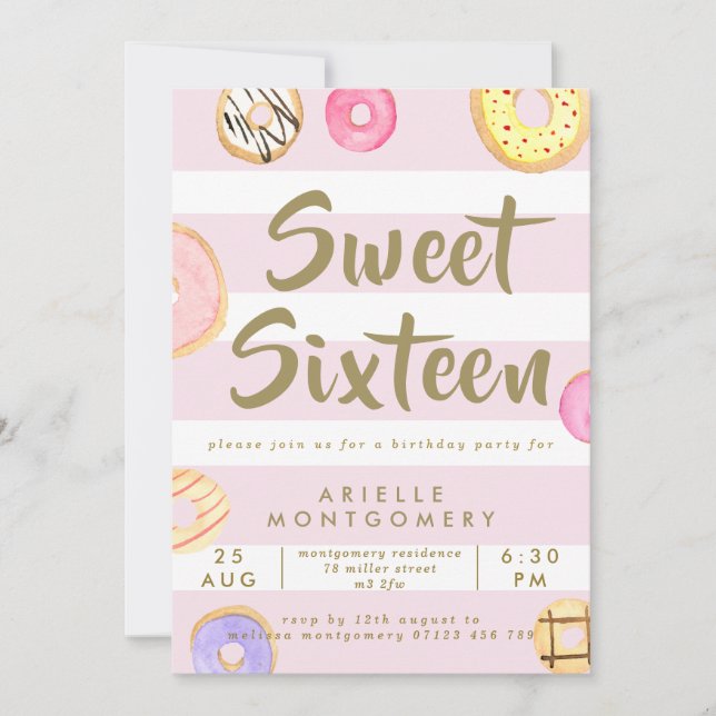 Pink & Gold Watercolor Doughnuts Sweet 16 Party Invitation (Front)
