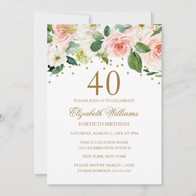 Pink Gold Watercolor Floral 40th Birthday Invitation (Front)