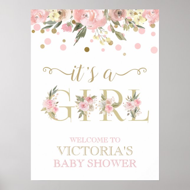 Pink Gold Watercolor Floral Baby Shower Sign (Front)