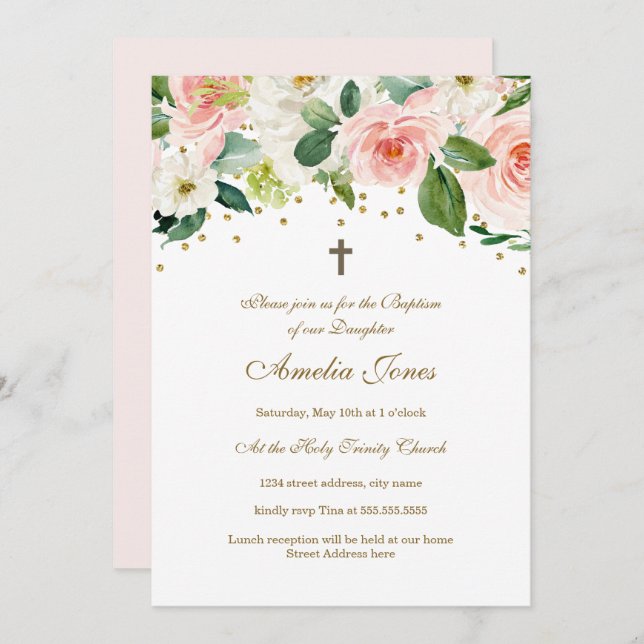 Pink Gold Watercolor Floral Baptism Invitation (Front/Back)