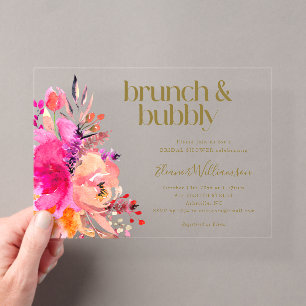 Pink Gold Watercolor Floral Bridal Shower Brunch Acrylic Invitations