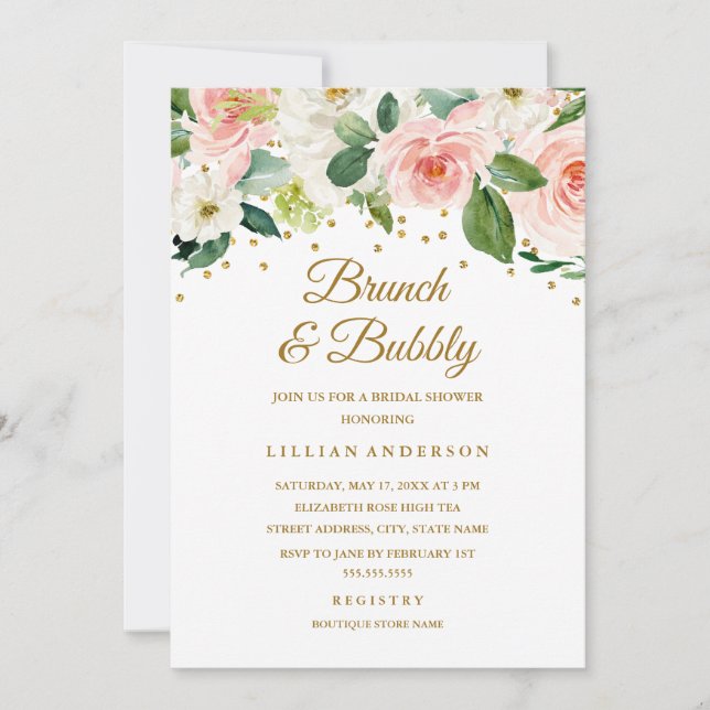 Pink Gold Watercolor Floral Brunch And Bubbly Invitation (Front)