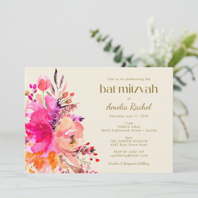 Pink Gold Watercolor Floral Elegant Bat Mitzvah Invitation (Standing Front)