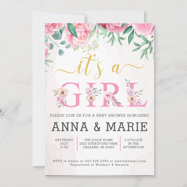 Pink Gold Watercolor Floral Girl Baby Shower Invitation (Front)
