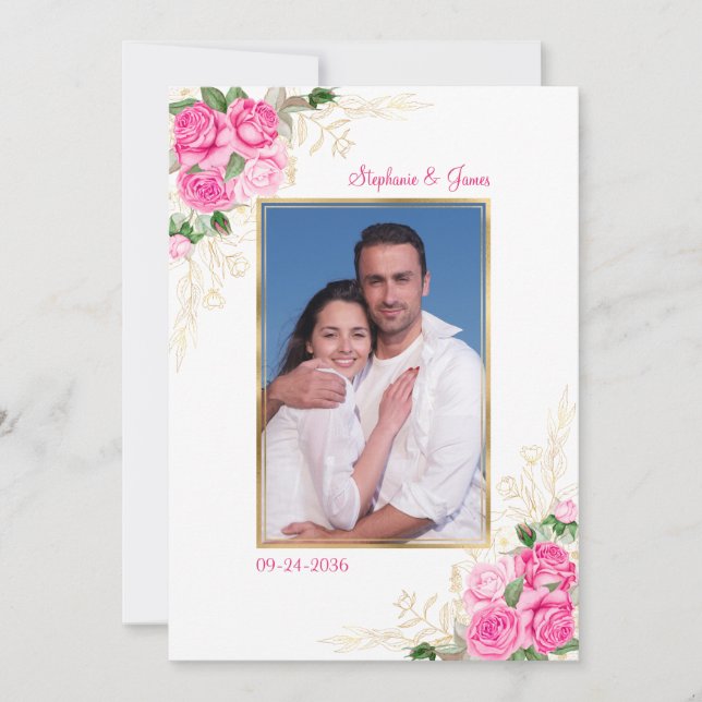 Pink Gold Watercolor Floral Photo Wedding Invitation (Front)