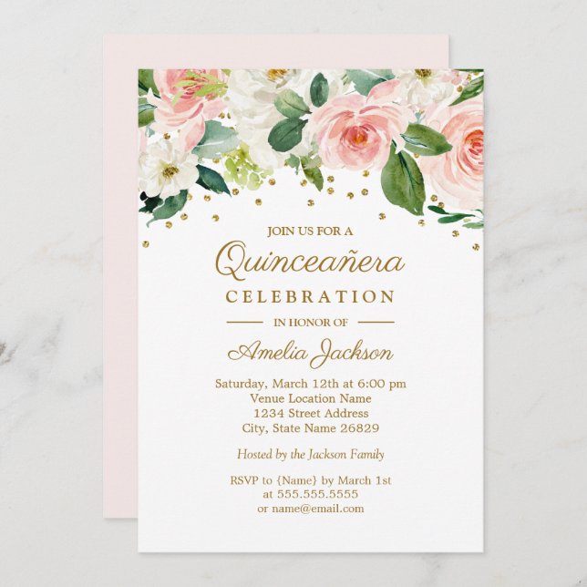 Pink Gold Watercolor Floral Quinceanera 15th Invitation (Front/Back)