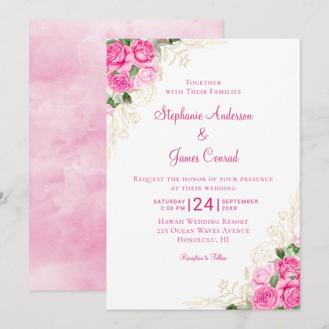 Pink Gold Watercolor Floral Wedding Invitation (Front/Back)