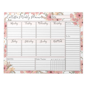 Pink Gold Watercolor Floral Weekly Custom Planner Notepad