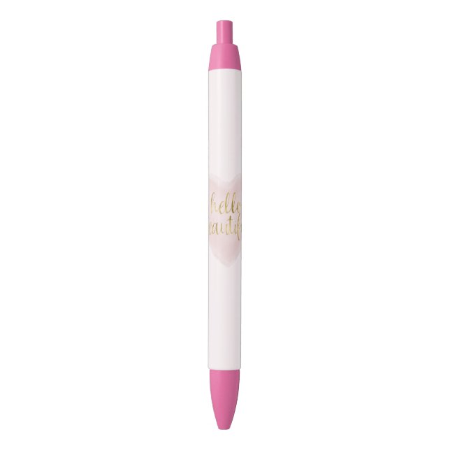 Pink Gold Watercolor Heart Hello Beautiful Black Ink Pen (Front Vertical)