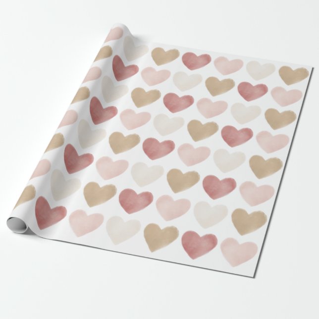 Pink Gold Watercolor Hearts Valentine's Day Wrapping Paper (Unrolled)