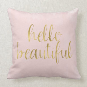 Pink Gold Watercolor Hello Beautiful Cushion