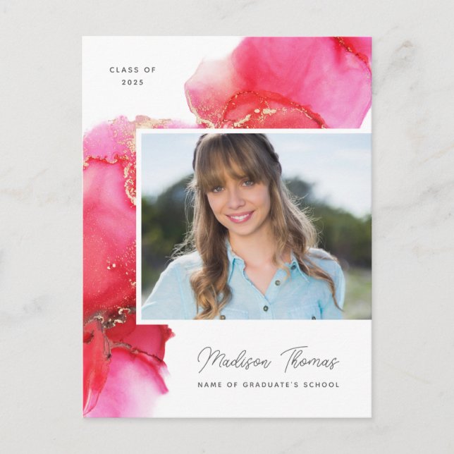 Pink Gold Watercolor Photo Graduation Postcard (Front)