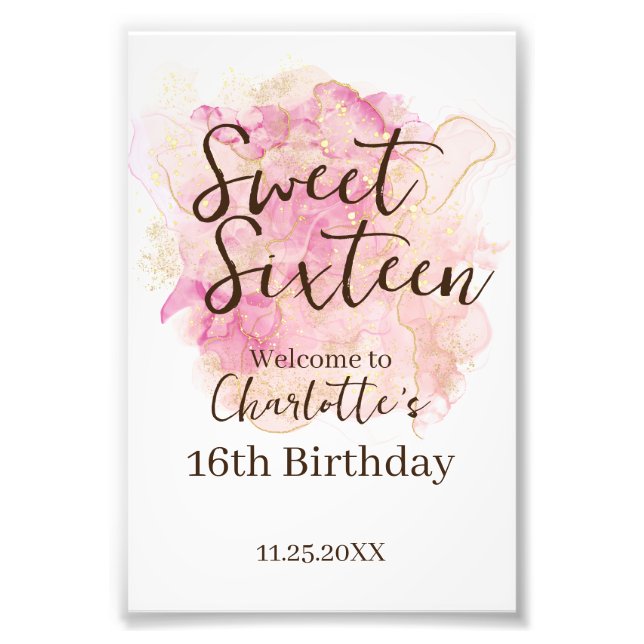 Pink Gold Watercolor Sweet 16 Party Welcome Sign (Front)