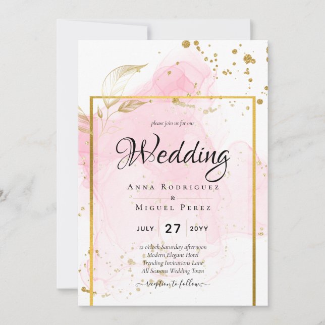 PINK GOLD WEDDING Alcohol Ink Abstract Invitation (Front)