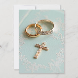 Pink gold wedding rings and cross invitation