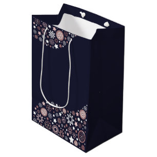 Pink gold, white and dark blue winter snowflake medium gift bag
