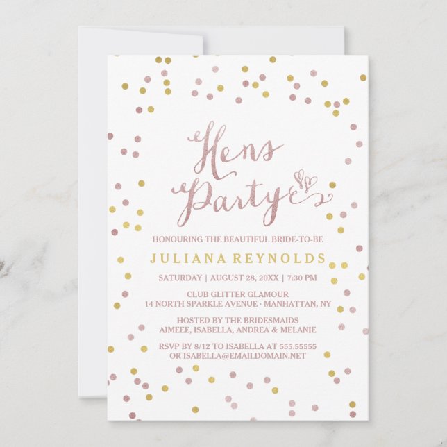 Pink Gold & White Confetti Hens Party Invitation (Front)