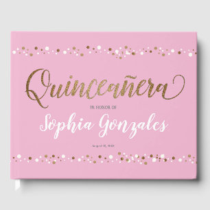 Pink Gold White Confetti Quinceanera 15th Birthday Guest Book