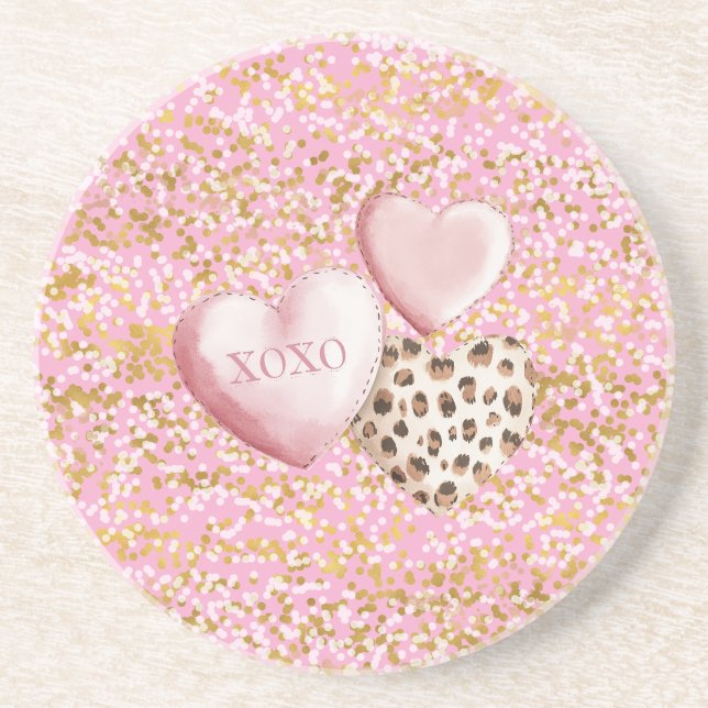 Pink Gold White Confetti XOXO Coaster (Front)