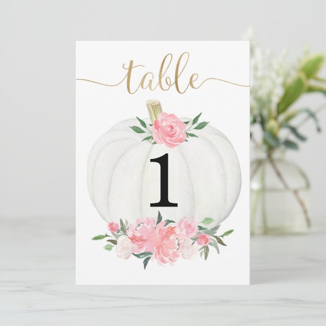 Pink gold white floral pumpkin 5"x7" table numbers (Standing Front)