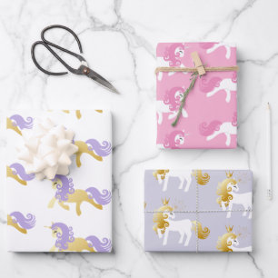 Pink Gold White Lavender Purple Unicorn Wrapping Paper Sheet