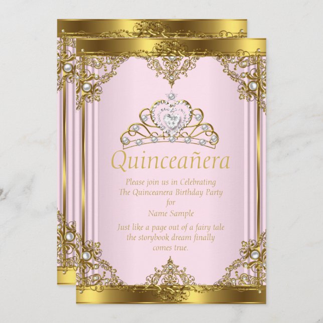 Pink Gold White Pearl Princess Quinceanera 2 Invitation (Front/Back)