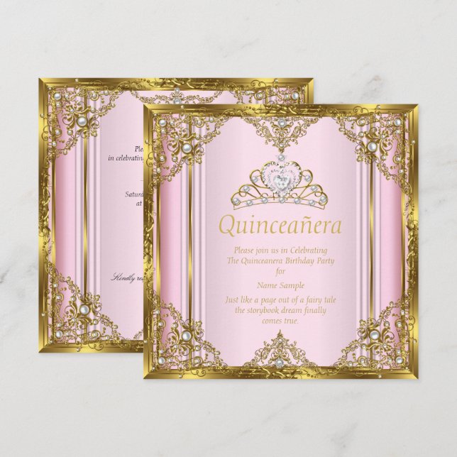 Pink Gold White Pearl Princess Quinceanera 3 Invitation (Front/Back)