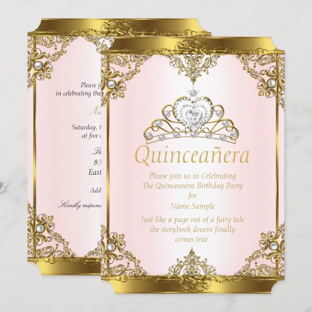 Pink Gold White Pearl Princess Quinceanera Invitation (Front/Back)