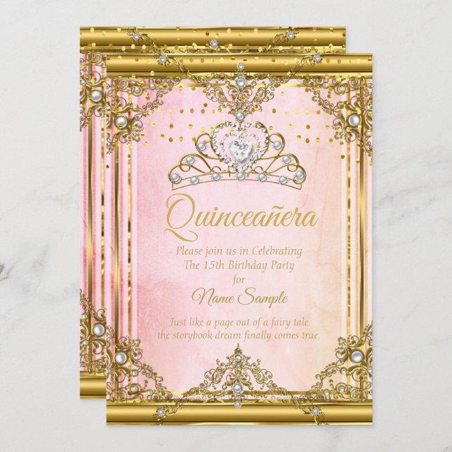Pink Gold White Pearl Tiara Quinceanera Invite (Front/Back)