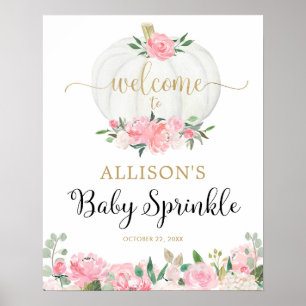 Pink gold white pumpkin baby sprinkle welcome sign