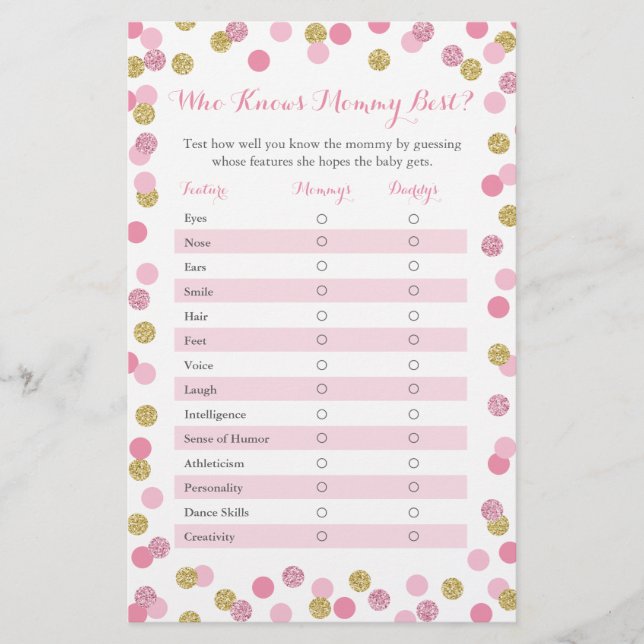 Pink Gold Who Knows Mummy Best Baby Shower Game (Front)