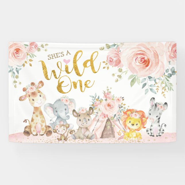 Pink Gold Wild One Jungle Safari Animals Birthday  Banner (Horizontal)