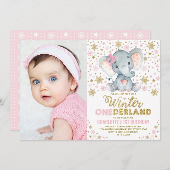 Pink Gold Winter Onederland Elephant 1st Birthday Invitation (Front/Back)