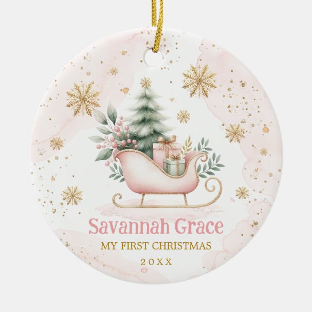 Pink Gold Winter Sleigh Baby Girl 1st Christmas Ceramic Tree Decoration (Front)