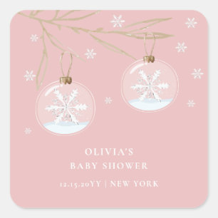 Pink Gold Winter Snowflake Baby Shower  Square Sticker