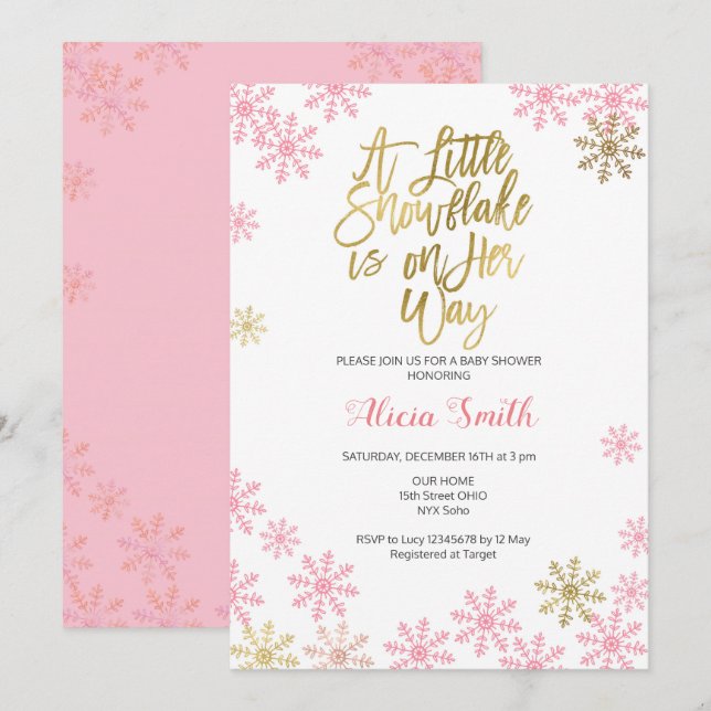 Pink Gold Winter Wonderland Girl Baby Shower Invitation (Front/Back)