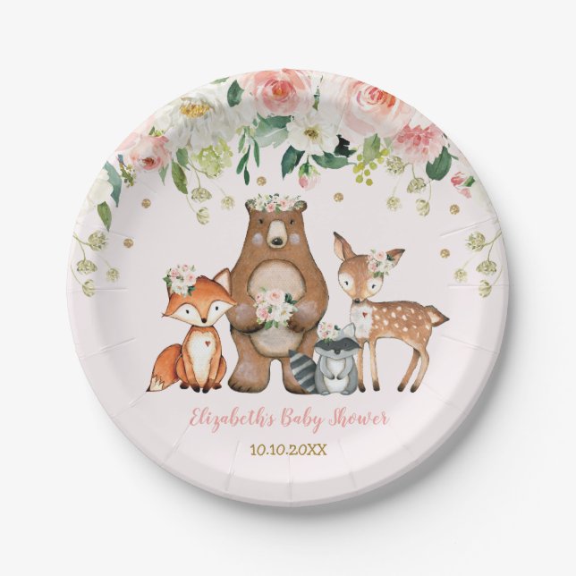 Pink Gold Woodland Animals Forest Floral Baby Girl Paper Plate (Front)