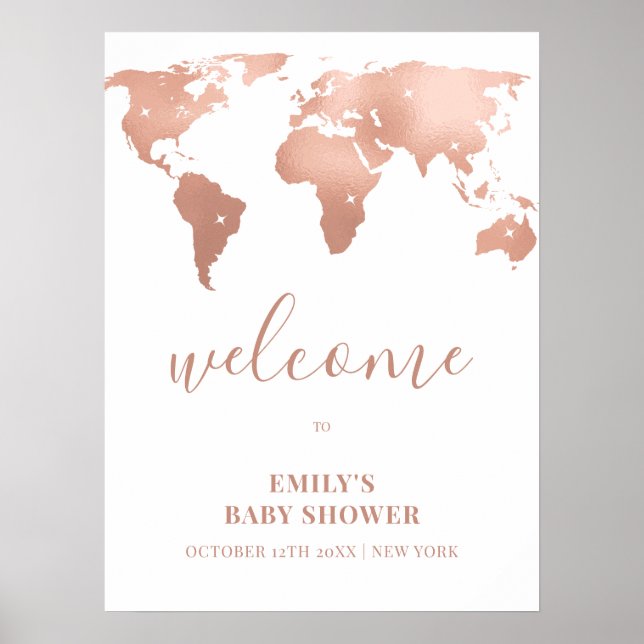 Pink Gold World Map Adventure Baby Shower Welcome Poster (Front)