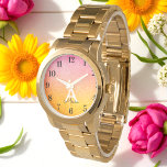 Pink Gold Yellow Glitter Watch<br><div class="desc">Pink Yellow Glitter Wrist Watch with Pink, Yellow, Gold, Glitter Sparkle background, name, initial, monogram. You can use this personalised watch for everyday wear or for occasions like wedding, bridal shower, quinceanera, bridesmaid gifts, anniversary. Use personalise this template option to change the text | Use CUSTOMIZE FURTHER option to change...</div>